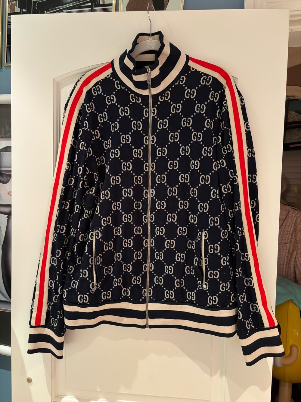 Gucci Navy GG Zip-Front Jacket with Red & White Stripes